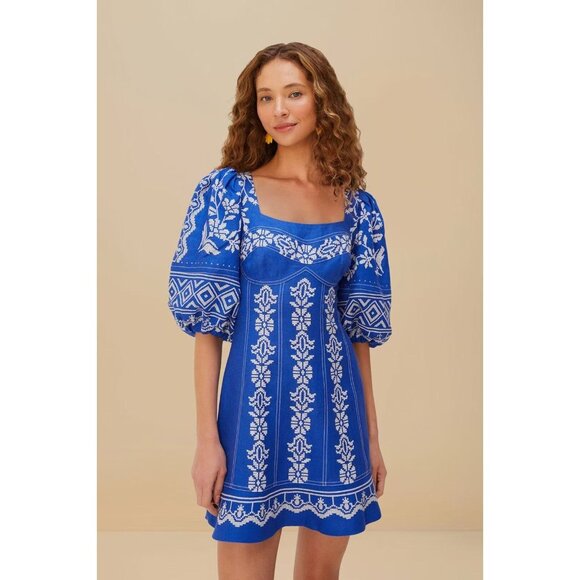 Farm Rio Dresses & Skirts - NWOT Farm Rio Blue Tropical Cross Stitch Pattern Premium Linen Mini Dress Size L